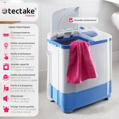 tectake® Mini Machine à laver Portable 2 en 1 Multi-Fonction Essorage, Petite taille Compact, Capacité de charge 4,5 kg Parfait pour Étudiant, Camping, Camping Car, Petite salle de bain, Voyage – Image 3