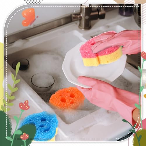 Image of FillTouch 3 Pcs Dual Sided Scrub Sponge Multi Functional Cute Temperature Sensitive Non Scratch Dish Sponge for Washing Dishes Kitchen Bathroom(Dog,Pink, Orange, Blue)