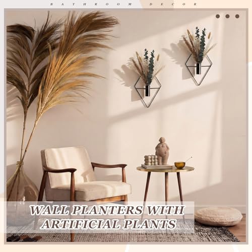 Image of Jexine 4 Pcs Hanging Planters with Artificial Pampas Grass Metal Hanging Vase Indoor Plants Holder Modern Geometric Boho Bathroom Wall Decor for Living Room Home Office(Black)