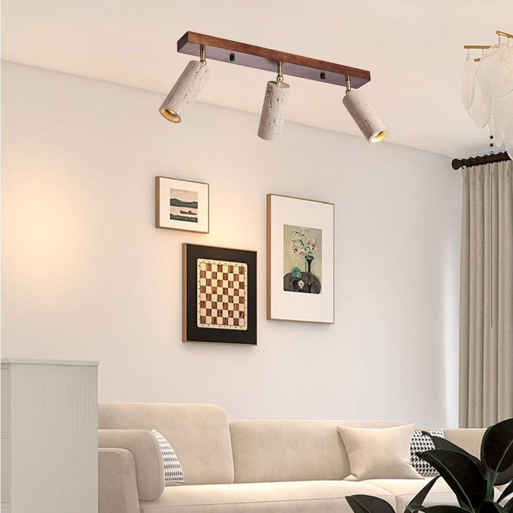 Foco de techo de 3 luces ajustable en piedra Wabi Sabi - Lámpara empotrada de travertino amarillo for cocina, dormitorio, oficina y pasillo(Walnut Color)
