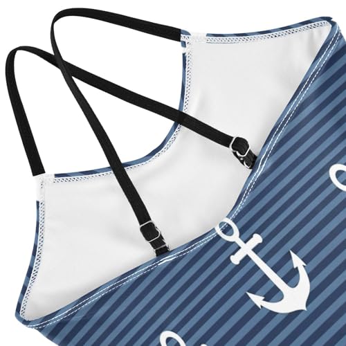 White Anchors Stripes Navy Blue Swimsuits for Girls One Piece, Summer Beach Swimsuit Girls, 3-104