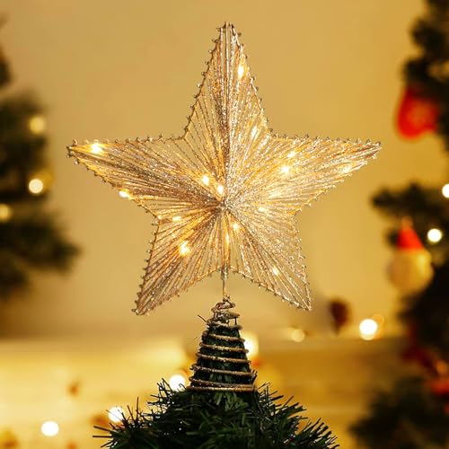 Image of Christmas Tree Topper 10" Golden Glittered Star Tree Topper with 20 LED Lights Xmas Tree Topper Star for Xmas Decorations Ornaments Holiday Party Indoor Decor