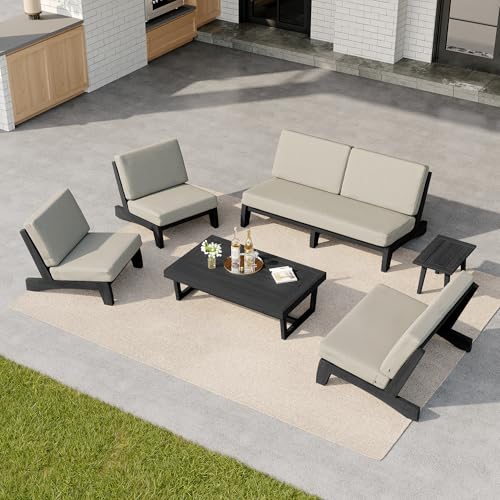 Image of Pia Ricoo 6-Piece Patio Furniture Set, Outdoor Sectional Sofa with Loveseat, 2 Chairs, Coffee Table & Side Table, All-Weather Conversation Set for Backyard /Deck /Lawn - Light Camel /Dark