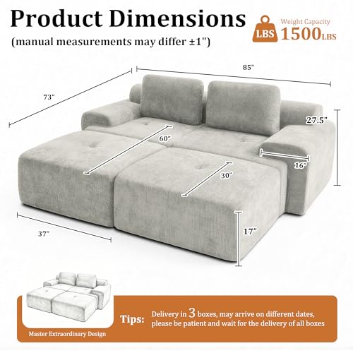 Image of 85 inch Oversized Boneless Couch, Comfort Cloud Sectional Couches for Living Room, Modular Sofa High Back & Extra Deep Seat, No Assembly, Soft Chenille Fabric (Light Grey, 85 inch- Shaped(2+2))