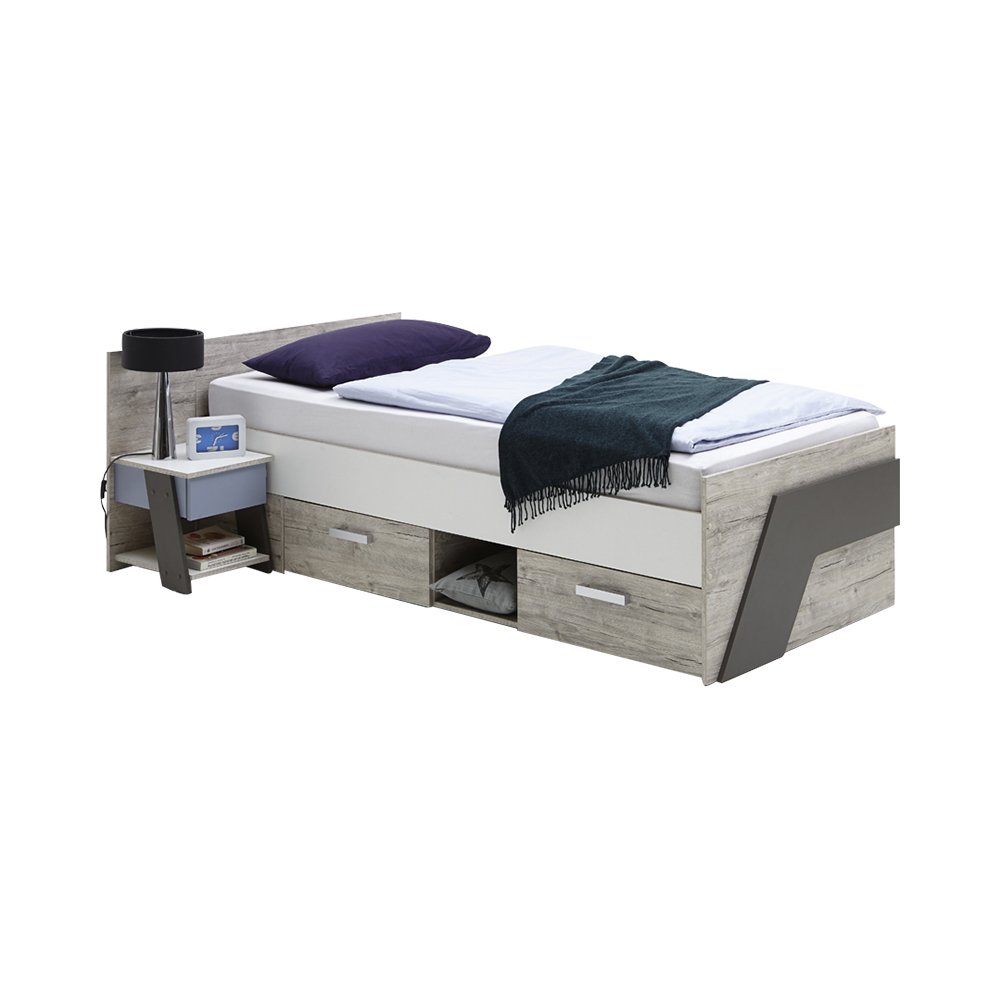 Lomadox Jugendzimmer Kinderzimmer Komplett Set, Sandeiche mit weiß, Lava blau, 90x200 Bett, Kleiderschrank, Nachttisch