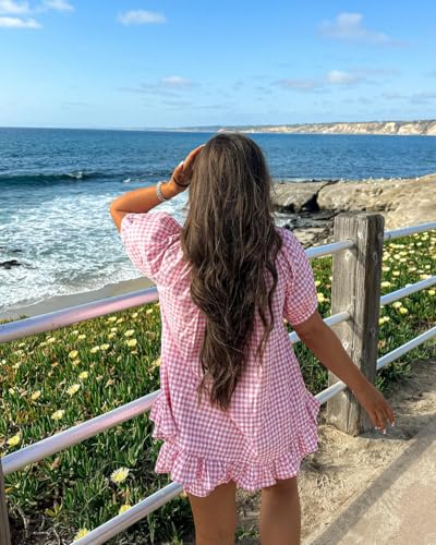 Image of codcm Womens 2 Piece Ruffle Pajama Set Gingham Pjs Short Sleeve Babydoll Shirt and Shorts Plaid Summer Outfits