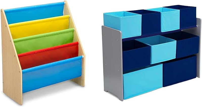 Delta Children 4-Tier Fabric Book Rack Shelf and 9-Bin Toy Organizer Storage Bundle