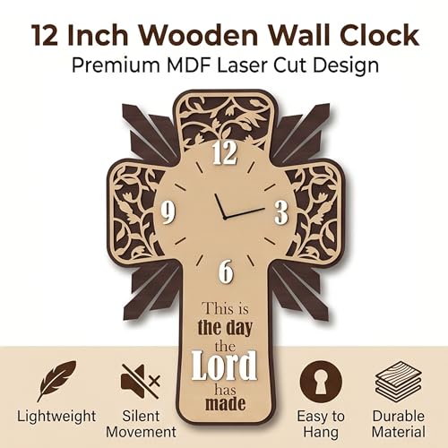 Image of Cross Wall Clock for Hall | Jesus Cross Wooden Design | Christian Wall Clock with Jesus Cross | Decorative Clock for Living Room, Office Room & Prayer Room 12 Inch