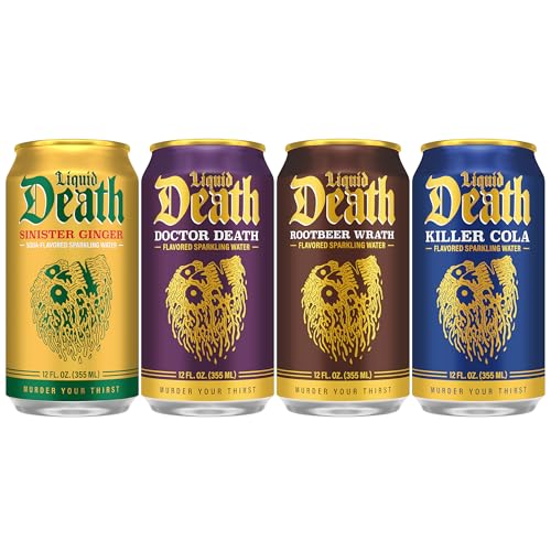 Image of Liquid Death Soda-Flavored Sparkling Water - Classic Variety 2, Less Sugar*, Huge Flavor, No Artificial Sweeteners, 4 Flavors: Sinister Ginger, Doctor Death, Cola, Root Beer, 12 Fl Oz (Pack of 12)