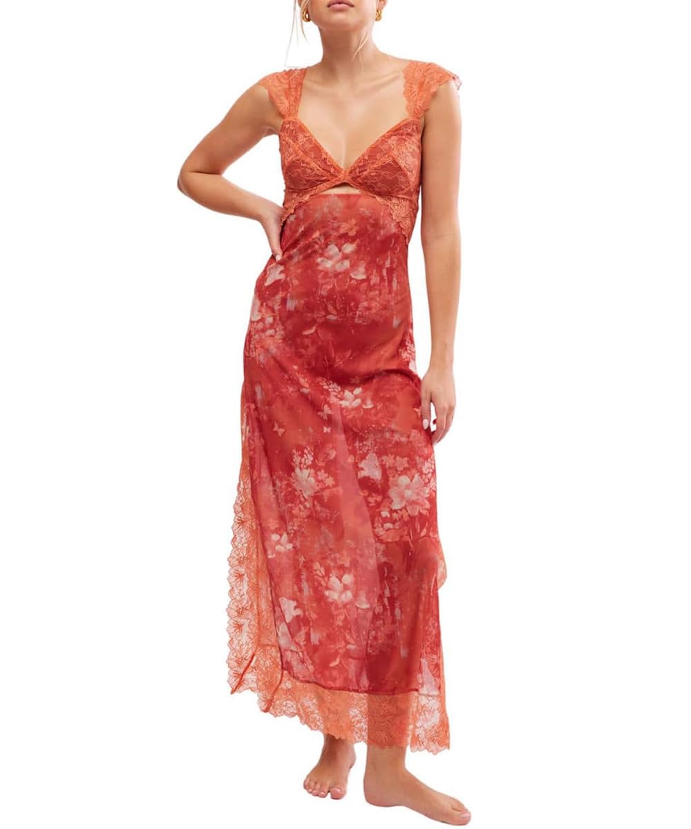 GRMLRPT Women Sexy Lace Patchwork Mesh Maxi Dress Floral Print Cutout Sweetheart Neck Backless Slit Summer Y2K Long Dresses