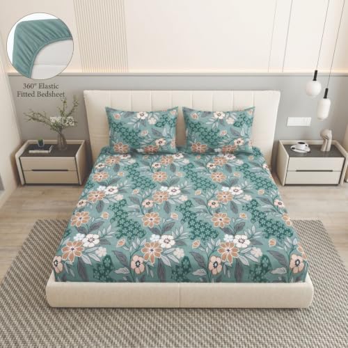 Image of Dream Weaverz- Polycotton Printed Double Bed Size Fitted Elastic Bedsheet,2 Pillow Cover,260 Thread (72 inch x 78 inchx7 inch) Home, Bedroom (Green-Brown, King)