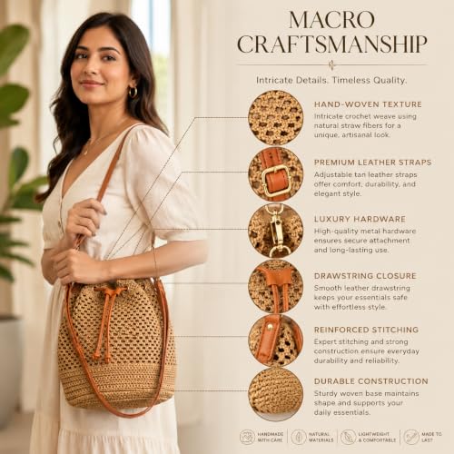 Image of Handmade Woven Straw Bucket Bag for Women Summer Casual Shoulder Purse Boho Style Drawstring Closure Lightweight Crossbody Tote Natural Fiber Beach Bag Travel Accessory with Adjustable Strap