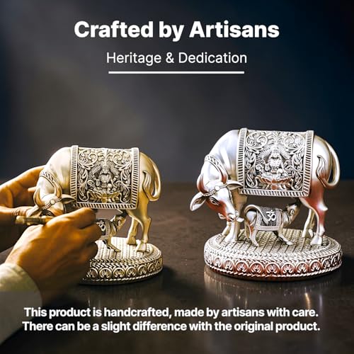 Image of MIND CIRCUS 999 Pure Silver Plated Kamdhenu Cow Idol | 2.5 inch to 6 Inch Vastu Home Decor for Pooja Room & Mandir | Symbol of Prosperity & Abundance | Ideal Religious & Spiritual Gift (2 Inch)