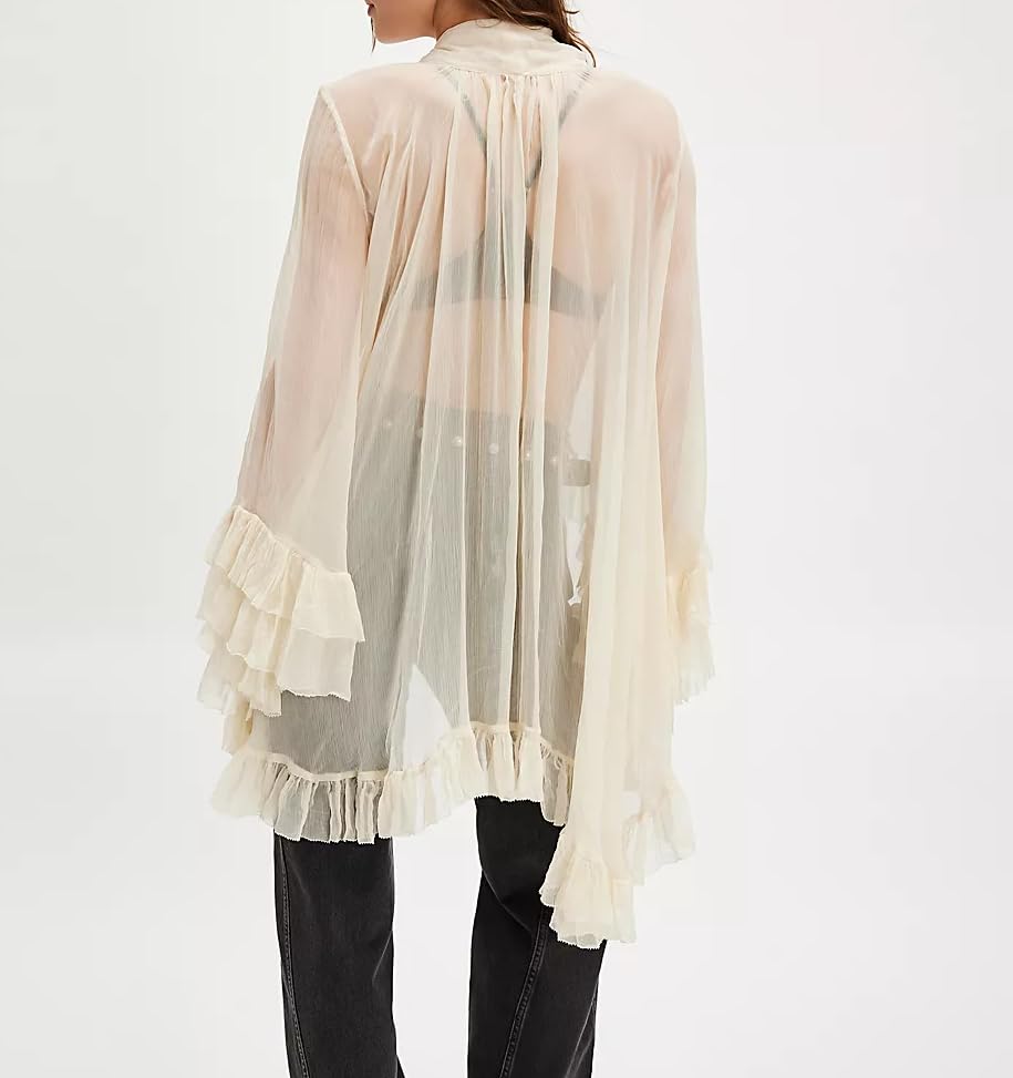 Women Full Sleeve Frill Tops Sexy See Through Sheer Ruffle Trim Blouse Top Self Tie Neck Shawl Shirts Tops2