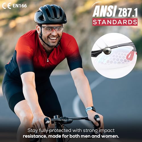 Image of BISON LIFE Vison Safe SportzV Safety Glaases - Clear Lens Black Temple Anti-Scratch Anti Fog Red Soft Rubber Nose Pads & Soft Touch Temple Tips, Outdoor Sports Construction Eyewear for Men & Women