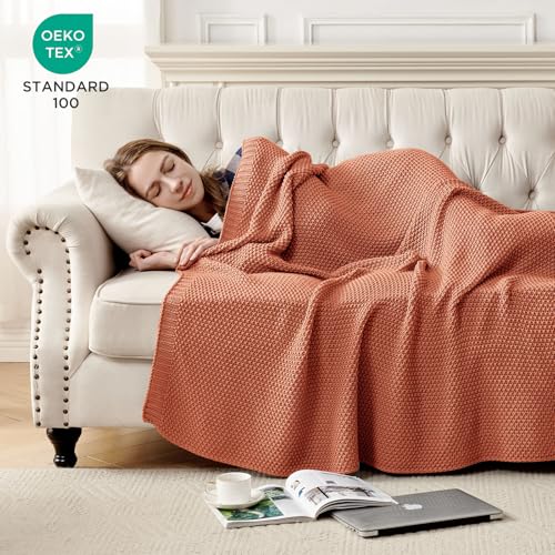 Joydeco Chunky Cable Knit Throw Blanket, Lightweight 100% Cotton Soft Cozy Throw Twin Blanket for Couch Bed and Sofa, Rustic Breathable Farmhouse Blanket Gift for Women Men(Burnt Orange, 60"x80") - image 3