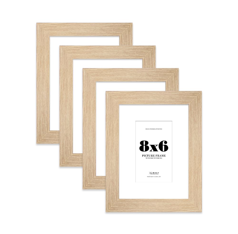 8x6" Oak Frame With Mount for 5x3" Pictures 28mm Edge Portrait and Landscape Display with Wall Hooks and Kickstand, 4 Pack