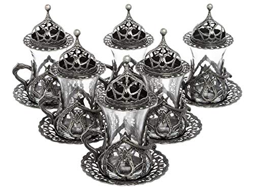 LaModaHome Turkish Arabic Tea Glasses Set of 6 with Saucers, Holders and Lids- Fancy Vintage Dark Silver Handmade Set for Serving, Gift, Teatime