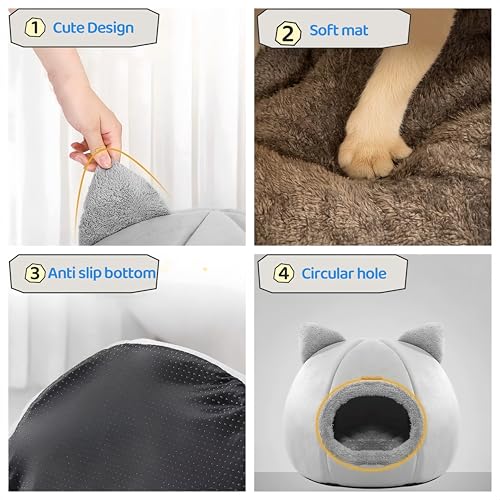 Katzenbett große Katzenhöhle Katzenhaus Indoor mit abnehmbarem Katzenkissen,Katzen Bettchen waschbar, grau