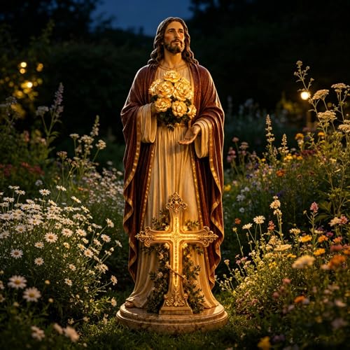 Resin Jesus Statue & USB Rose Led Lights, Religious Figurine Jesus Decor - image 6