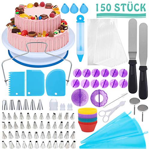 [Neueste] 150 Teiliges Tortenplatte Drehbar Tortenständer Kuchen Drehteller Cake Decorating Turntable Sprühdüsenset Kuchenzubehörset Gebäckwerkzeug für Backen Gebäck, Zuckerguss, Mustern