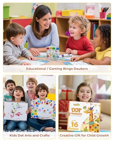 JUPITEARTH Bingo Markers,16 Farben Auswaschbar Dot Marker für Kinder(60ml) Stempel mit 120 PDF,12 bedruckten Aktivitätsblättern,Bingo stift für Kinder-Kunstaktivitäten