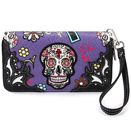 Sugar Skull Western Cross Clutch Wallet Day of the Dead Wristlet Purse Calavera (Purple) One Size