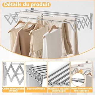 OUUTMEE Étendoir à Linge Mural Pliable, Séchoir à Linge Mural en Acier Inoxydable avec 7 Tiges, Largeur Rétractable: 65-127CM, Porte-Serviettes Suspendu pour Buanderie Salle de Bain, Grande (Argent)