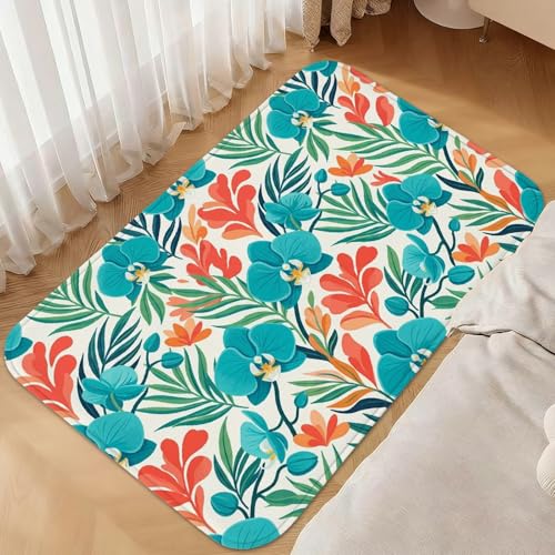 Tapis orchidée et feuille tropicale 90x150 cm turquoise éponge