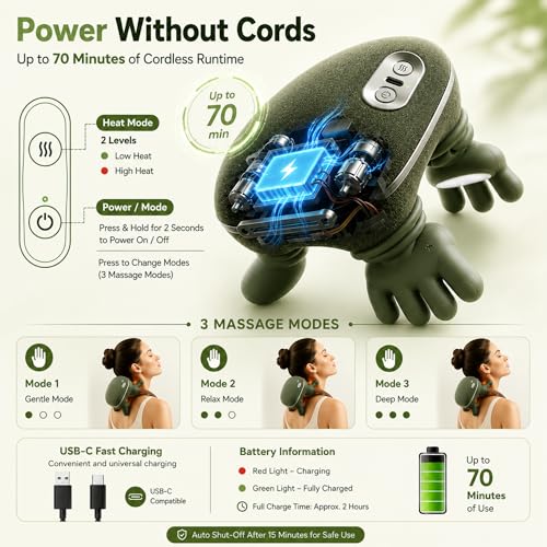 Image of 4D Bionic Heated Neck & Shoulder Massager | Wireless Portable Shiatsu Back Massager | Deep Tissue Kneading with Human Hand Simulation | 3 Intensity Levels & 2 Heat Modes for Home & Travel Use