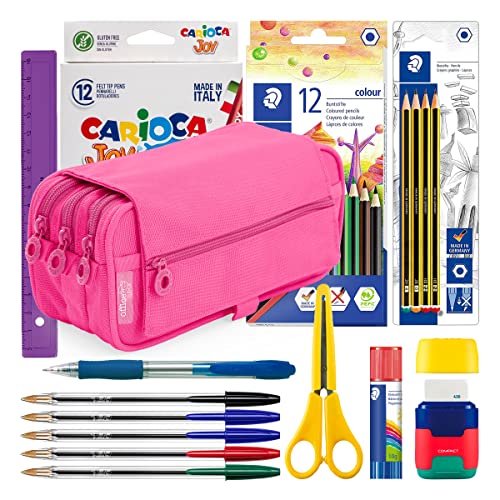 PracticDomus ColePack Estuche Escolar 3 Compartimentos, Portatodo Triple con Material de Primeras Marcas Incluido (Triple Fucsia)