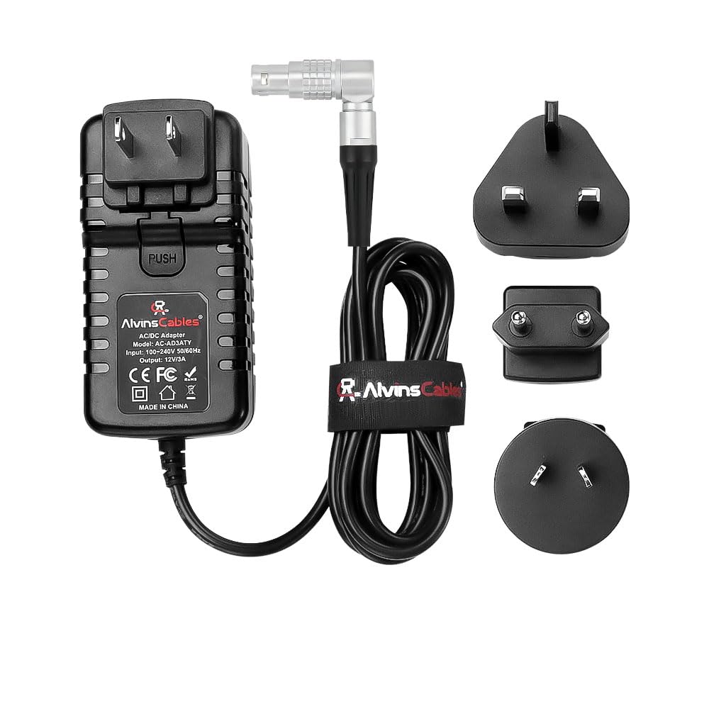 Alvin's Cables Red DSMC3 Rotation 6 Broches Adaptateur d'alimentation AC Femelle 12V Chargeur Bougie Universel 3A pour caméra V-Raptor DSMC2 Komodo-X,pour DJI Ronin 4D,avec UK EU Au US Pinks 2M/6.6ft