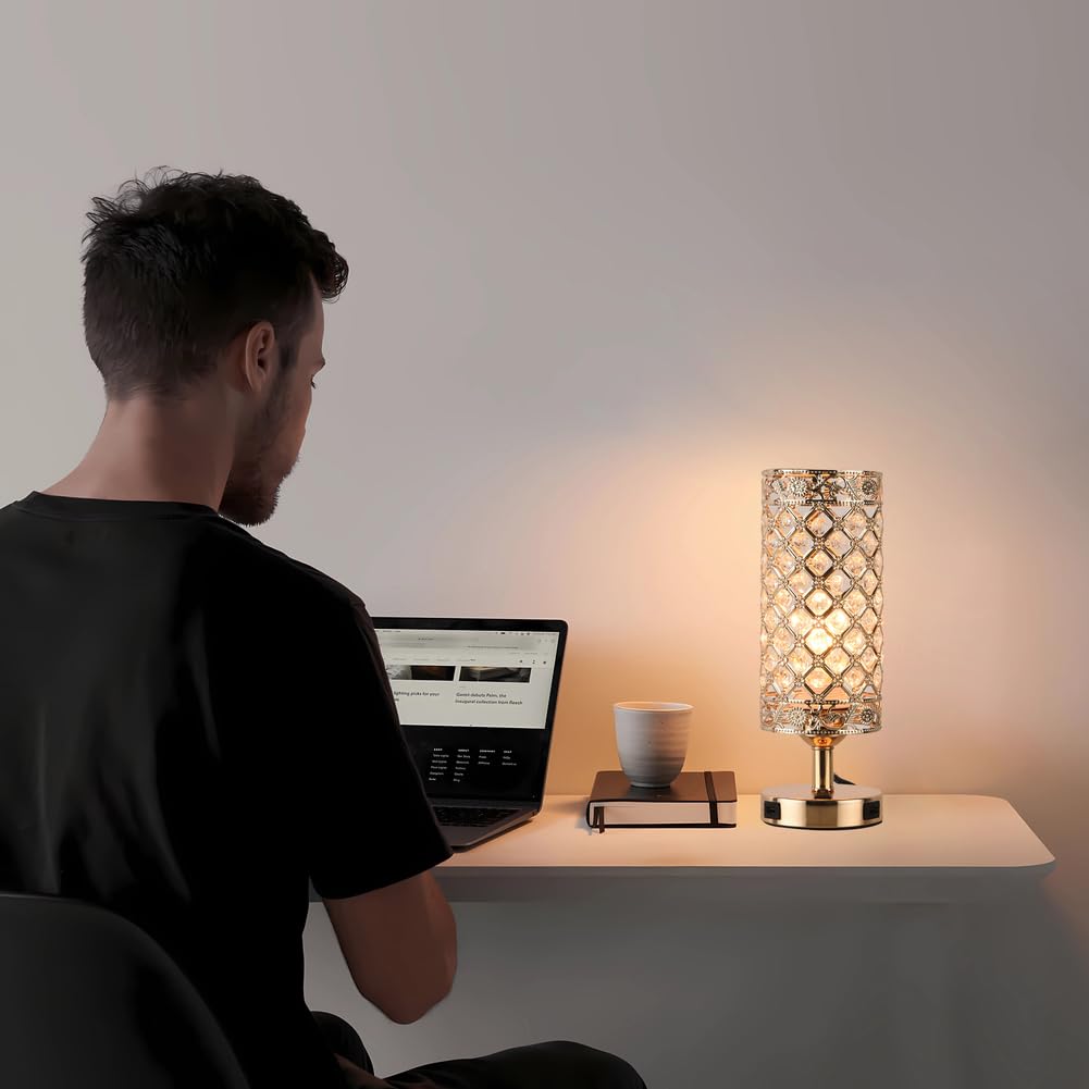 JHYPVII Modern Crystal Table Lamp with Dual USB Charging Port, Gold Bedroom Nightstand Table Lamps with Switch - Image 2