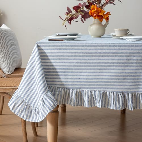 Striped Cotton Blend Tablecloth 52 × 70 Ruffled Table Cloth Washable Rectangular Fabric Table Cover Farmhouse Picnic Kitchen Dinning Tabletop Home Decoration, Blue, 4-6 Seats