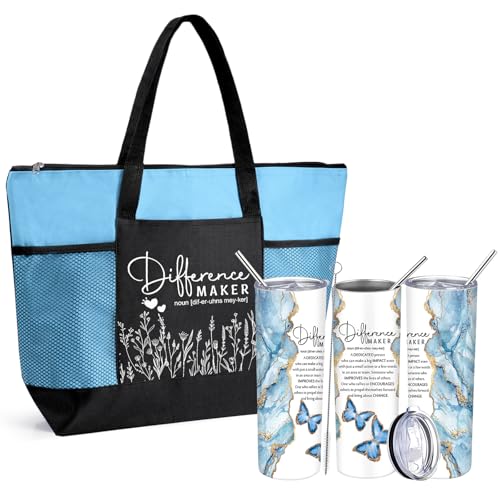 Buryeah 2 Pcs Difference Maker Gifts Tote Bag Tumbler Set, Light Blue