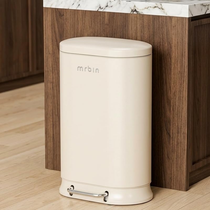 MRBIN Metal Kitchen Trash Can with Lid, 30L / 7.9gal Commercial Step Waste Basket for Bathroom, Medium Office Garbage Pail with Stainless Steel Foot Pedal for Near Desk, Bedroom, Rv, White-image-35