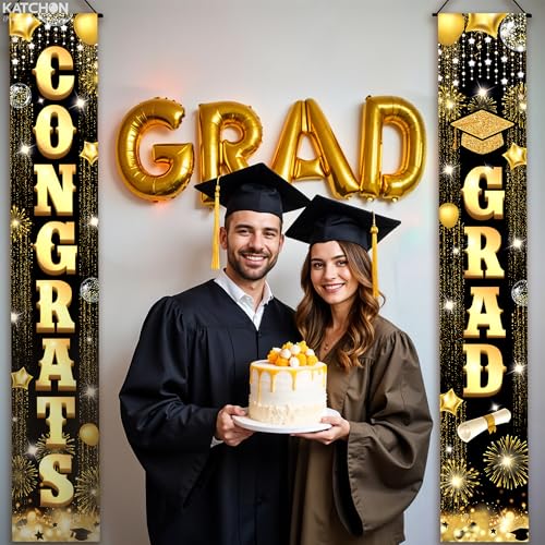 Image of Graduation Decorations 2026 | Black and Gold Graduation Door Banner - Large, 72x12 Inch, NO DIY | Congrats Grad Banner | Grad Banner for 2026 Grad Party Decor | KatchOn