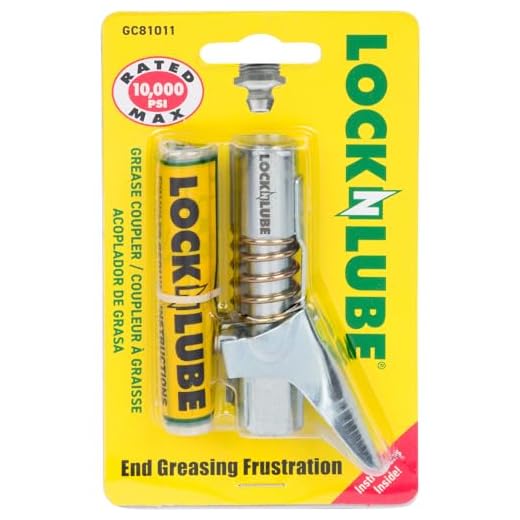 LockNLube Grease Gun Coupler locks onto Zerk fittings. Grease goes in, not on the machine. World's best-selling original locking grease coupler. Rated 10,000 PSI. Long-lasting rebuildable tool.
