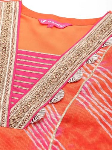 Image of Varanga Women Anarkali Kurta Pant Set with Dupatta | Cotton Blend | V-Neck | 3 /4 Sleeve | Calf Length |Casual Wear