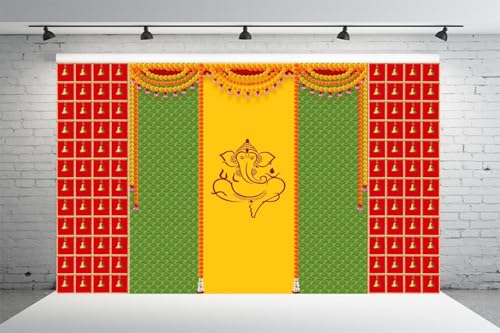 Image of Dhara Sacred Ganesha with Hanging Bells Backdrop - 8ft x 5ft, Premium Polyester Fabric, Ideal for Pooja, Religious Ceremonies, andbackdrop Cloth for Decoration Pooja