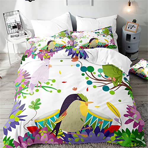 Hiseng Juego de Cama 3D, Pájaro Impresión Juego de Ropa de Cama 3 Piezas con Fundas de Edredones y Funda de Almohada para Cama Individual Matrimonio (Pájaro de Dibujos Animados,150x200cm)