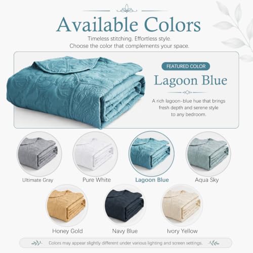 Image of HZ & HY Oversized King Bedspread 128x120 Extra Wide, Stitched Paisley Quilt Set King /Cal King, Lightweight Reversible Coverlet, Scalloped Edge - Fresh Blue Classic Look, 5 Piece, Blue