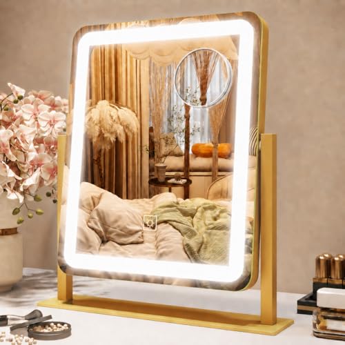 Image of ROLOVE Vanity Mirror with Lights, 12.6 inchx15 inch LED Makeup Mirror, Lighted Makeup Mirror with Lights, Smart Touch Control Dimmable 3 Modes Light, Lighted Up Mirror for Makeup Desk, Gold