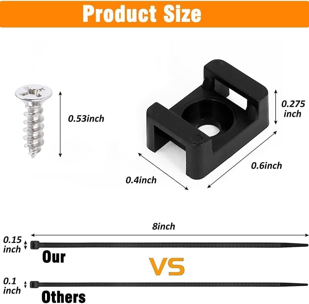 Kit di 100 supporti neri per fascette con cerniera, base con 100 fascette da 20,3 cm e 100 viti autofilettanti, clip per cavi e morsetti