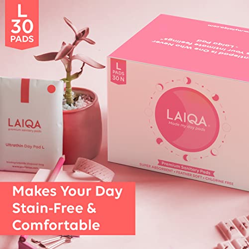 Image of LAIQA Ultra Soft Moderate Flow Sanitary Pads for Women| 30 Large Premium Pads with 30 Disposable Bag+2 Free Pantyliners|Made with Natural Fibers|Rash-Free Pads with 4 wings|No Chlorine|No Fragrance