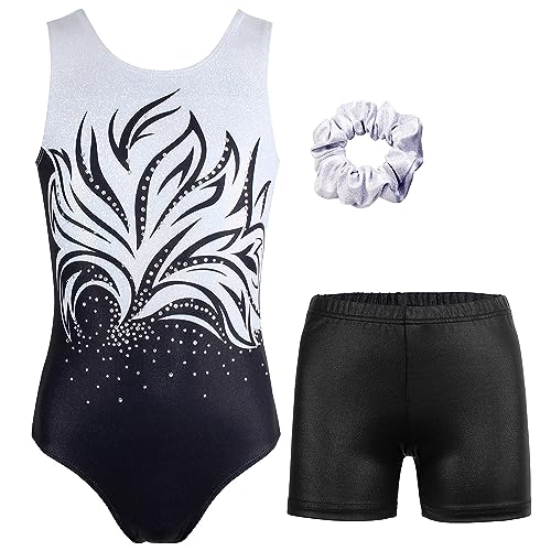 Image of MODAFANS Leotards for Girls Gymnastics with Shorts Dance unitards Tumbling Biketards with Hair Scrunchie for3-13T