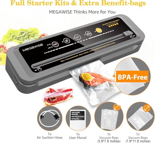 MegaWise Vacuum Sealer Machine | 80kPa Suction Power| Bags and Cutter Included | Compact One-Touch Automatic Food Sealer with External Vacuum System | Dry Moist Fresh Modes for All Saving needs