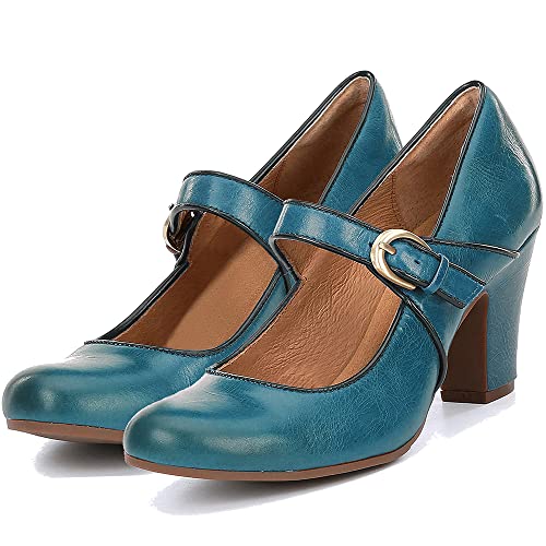 Image of SHODENSE Women Vintage Chunky High Heel Mary Jane Shoes Round Closed Toe Ankle Strap Dress Sandals 3 inch Block Heels Mary Jane Lolita Pumps Two-Toned Patchwork Buckle Office Lady Wedding Retro 4-11 M US