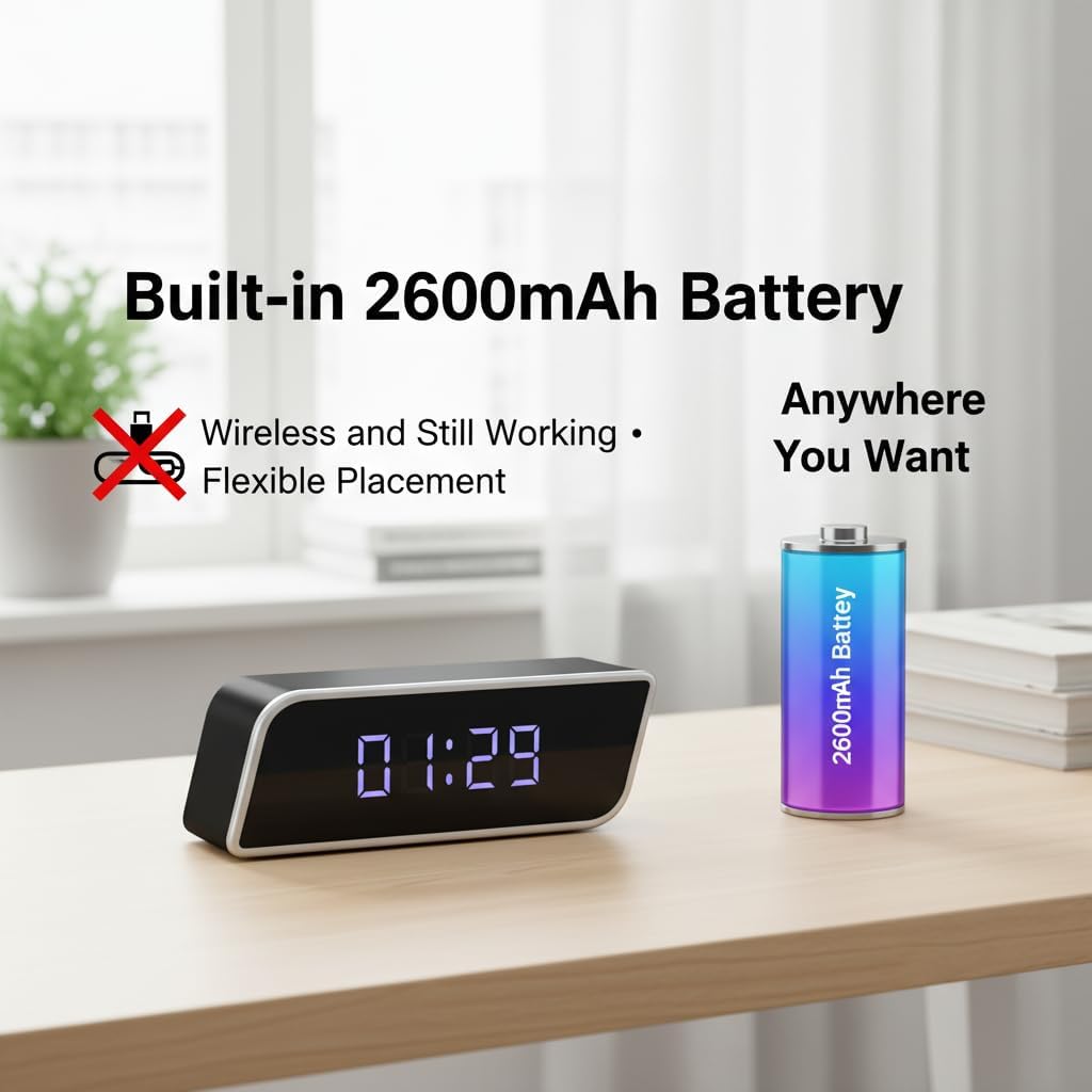 Multi-Functional 4K Clock Camera with Night Vision, WiFi & AP Hotspot, App Remote View, Motion Detection, 2600mAh Long Battery Life, Smart Clock for Indoor, No Audio