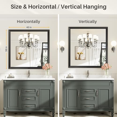 Image of Briivue 40x38 Inch Black Bathroom Mirror for Wall, Thick Metal Framed Rectangle Mirrors for Over Sink, Bedroom, Living Room, Entryway, Anti-Rust, HD Tempered Glass